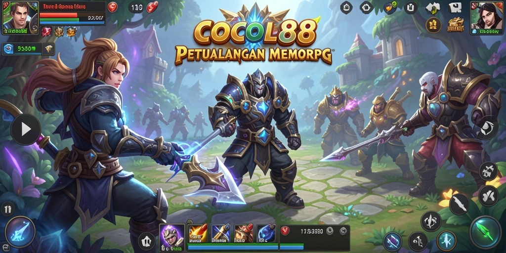 Screenshot gameplay COCOL88 menampilkan karakter dalam pertempuran epik di dunia fantasi.