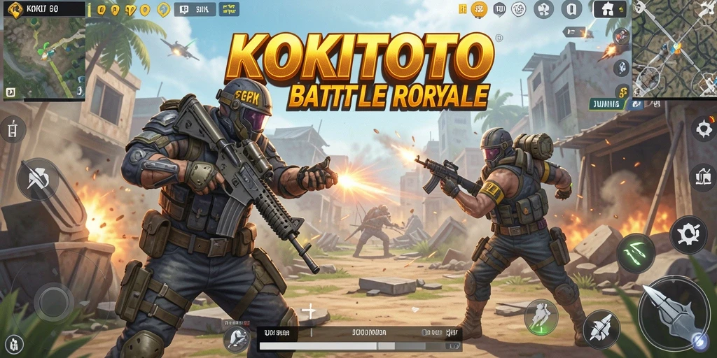 Screenshot gameplay KOKITOTO menunjukkan aksi pertempuran Battle Royale yang menegangkan.
