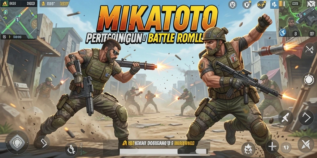 Screenshot gameplay MIKATOTO menunjukkan aksi seru pertarungan Battle Royale.