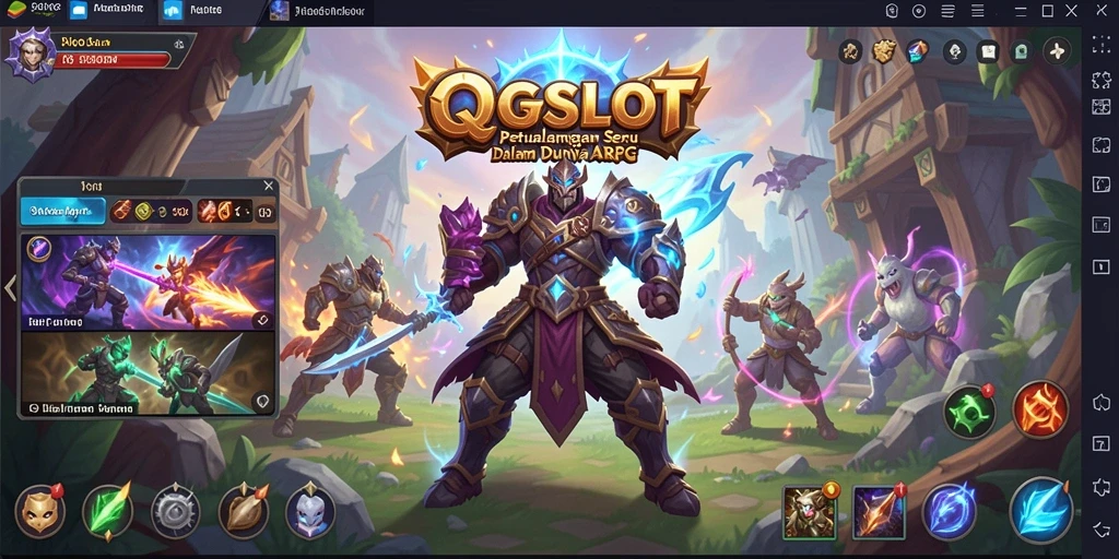 Screenshot QQSLOT menampilkan aksi melawan monster di arena petualangan.