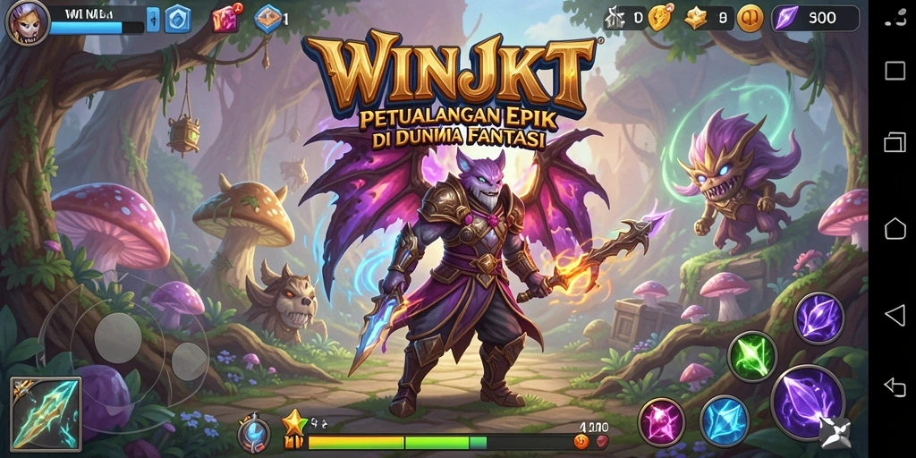 Tangkapan layar gameplay WINJKT yang menampilkan pertarungan seru dan dunia fantasi.